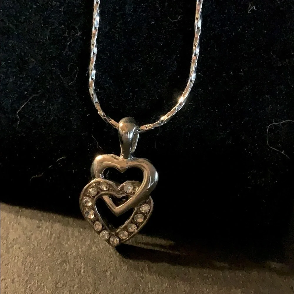 Interlocked Silver Hearts W/ Rhinestones on Chain - Picture 2 of 4